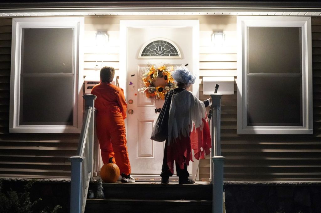 A general view of children trick or treating on Halloween in Hawthorne, NJ on October 31, 2023. 